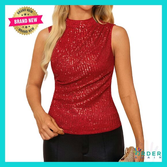 Tops - Sequin Crop Top Glitter Party Wear Y2K Chic Elegant Ruched Mock Neck